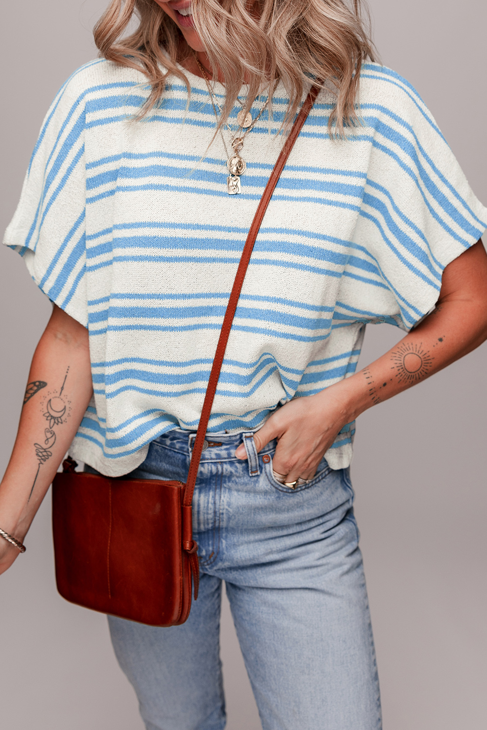 Sky Blue Stripe Boxy Fit Wide Sleeve Sweater T Shirt - loveforevers