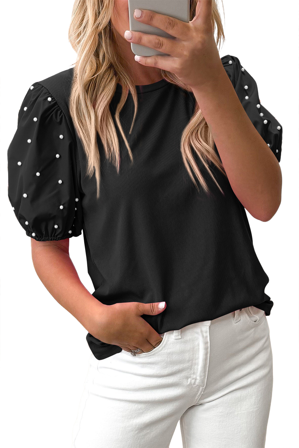 Black Ribbed Pearl Beaded Puff Sleeve Top - loveforevers