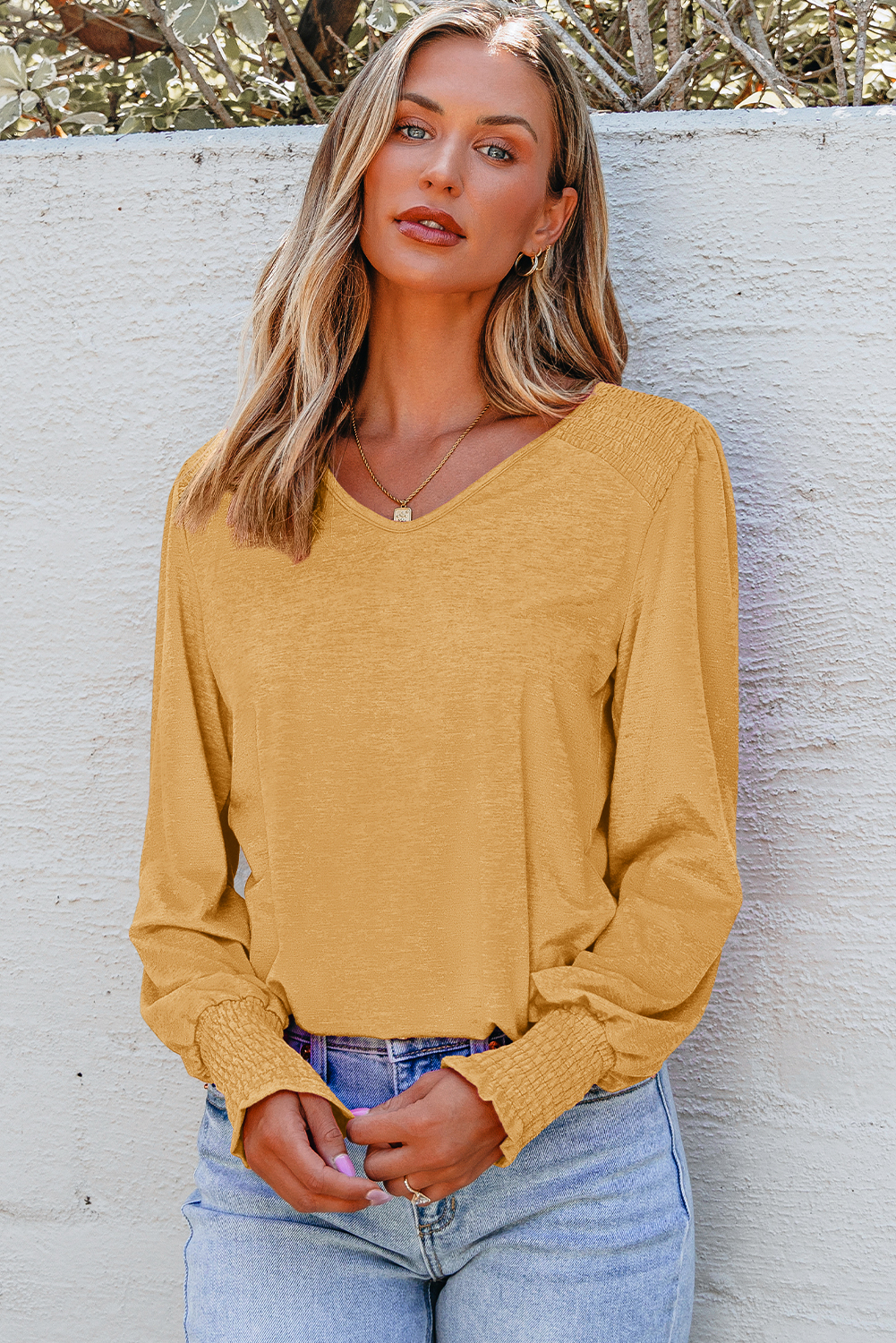 Beige Shirred Shoulder Frilled Cuffs Long Sleeve Top - loveforevers