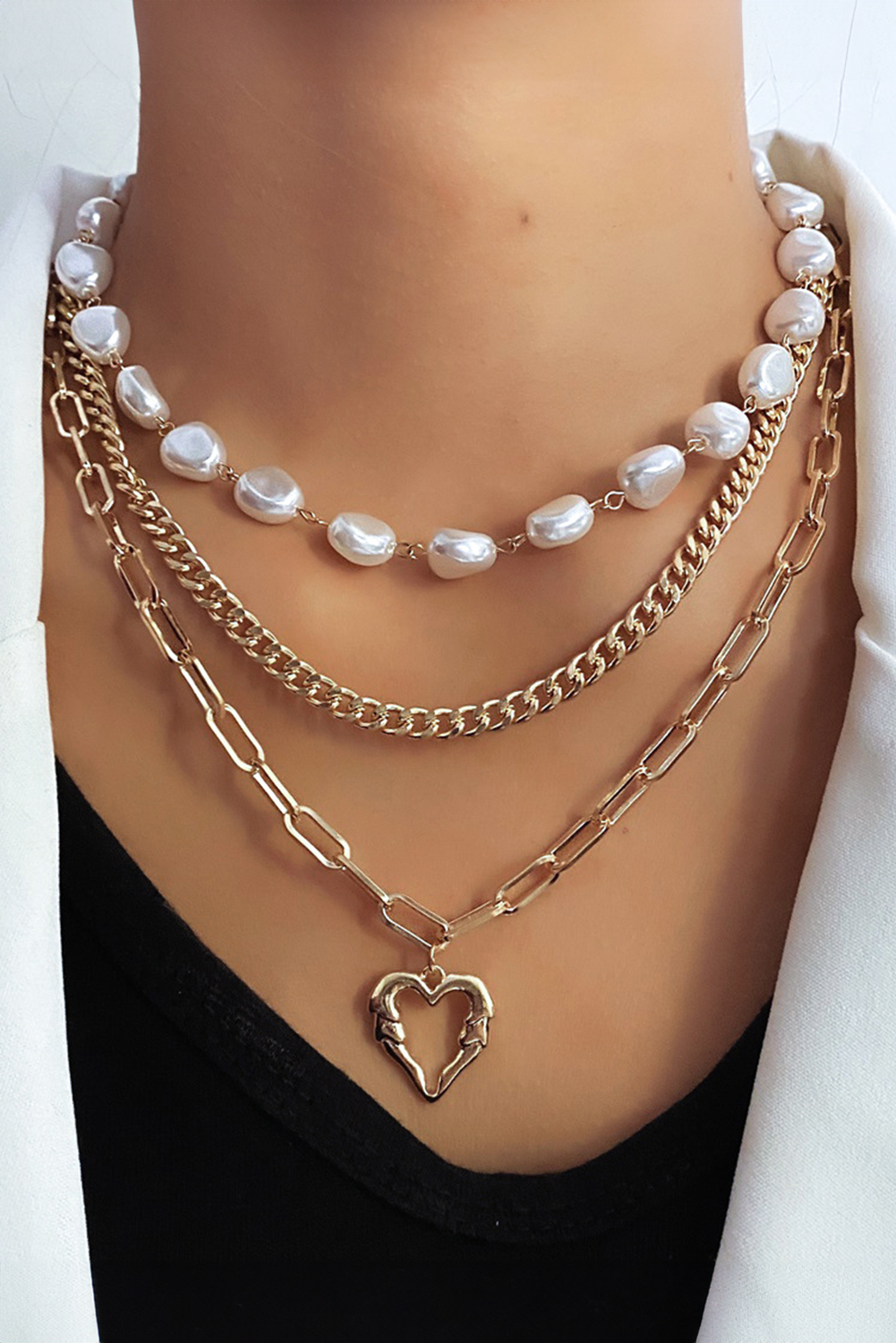 Gold Plated Heart Chain Pearl Beading 3pcs Necklace Set - loveforevers