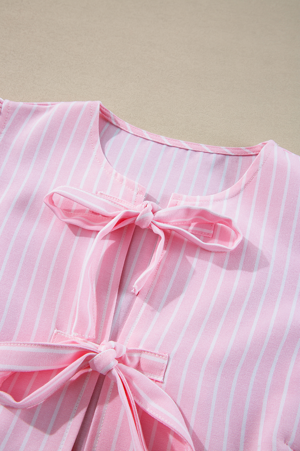 Pink Stripe Bowknot Front Crew Neck Puff Sleeve Blouse - loveforevers