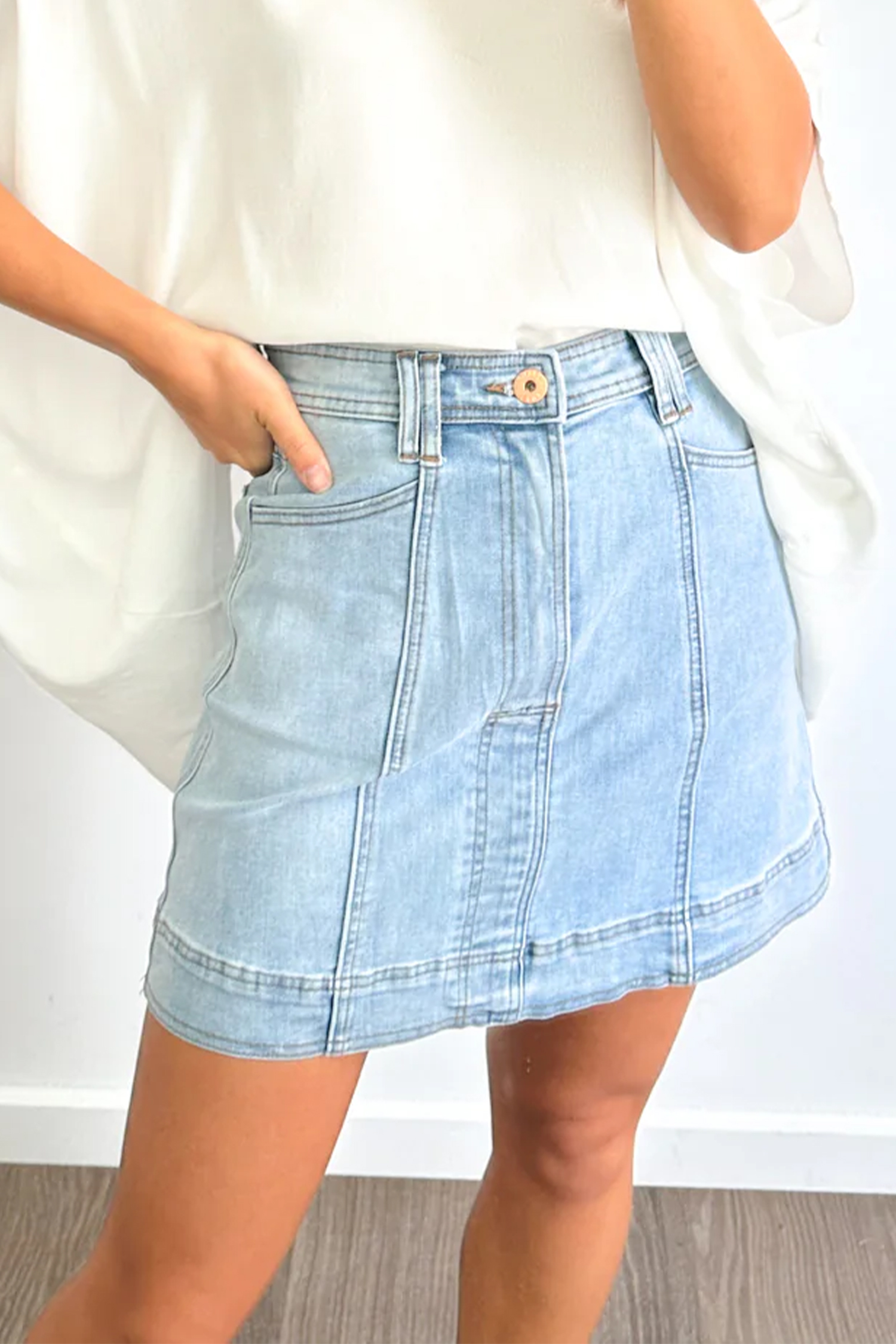 Beau Blue Exposed Seam Detail A-line Denim Mini Skirt with Pockets - loveforevers