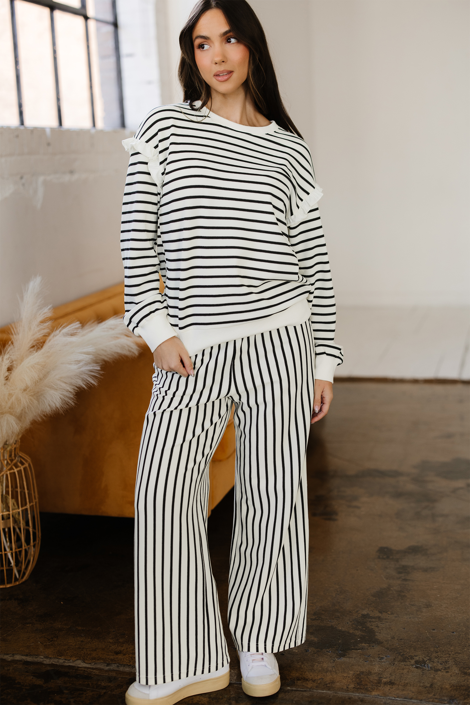 White Stripe Ruffle Trim Drop Shoulder Top Drawstring Loose Pant Set - loveforevers