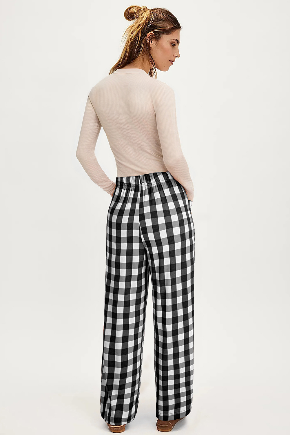 Black Checkered Print Double Pocketed Drawstring Casual Pants - loveforevers