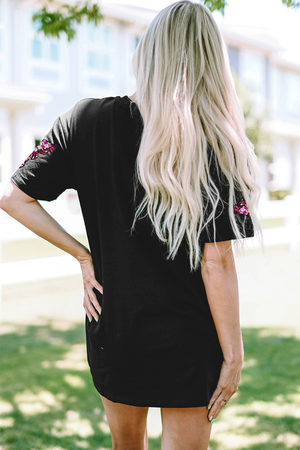 Black Sequin Crawfish Patched Crew Neck Tee - loveforevers