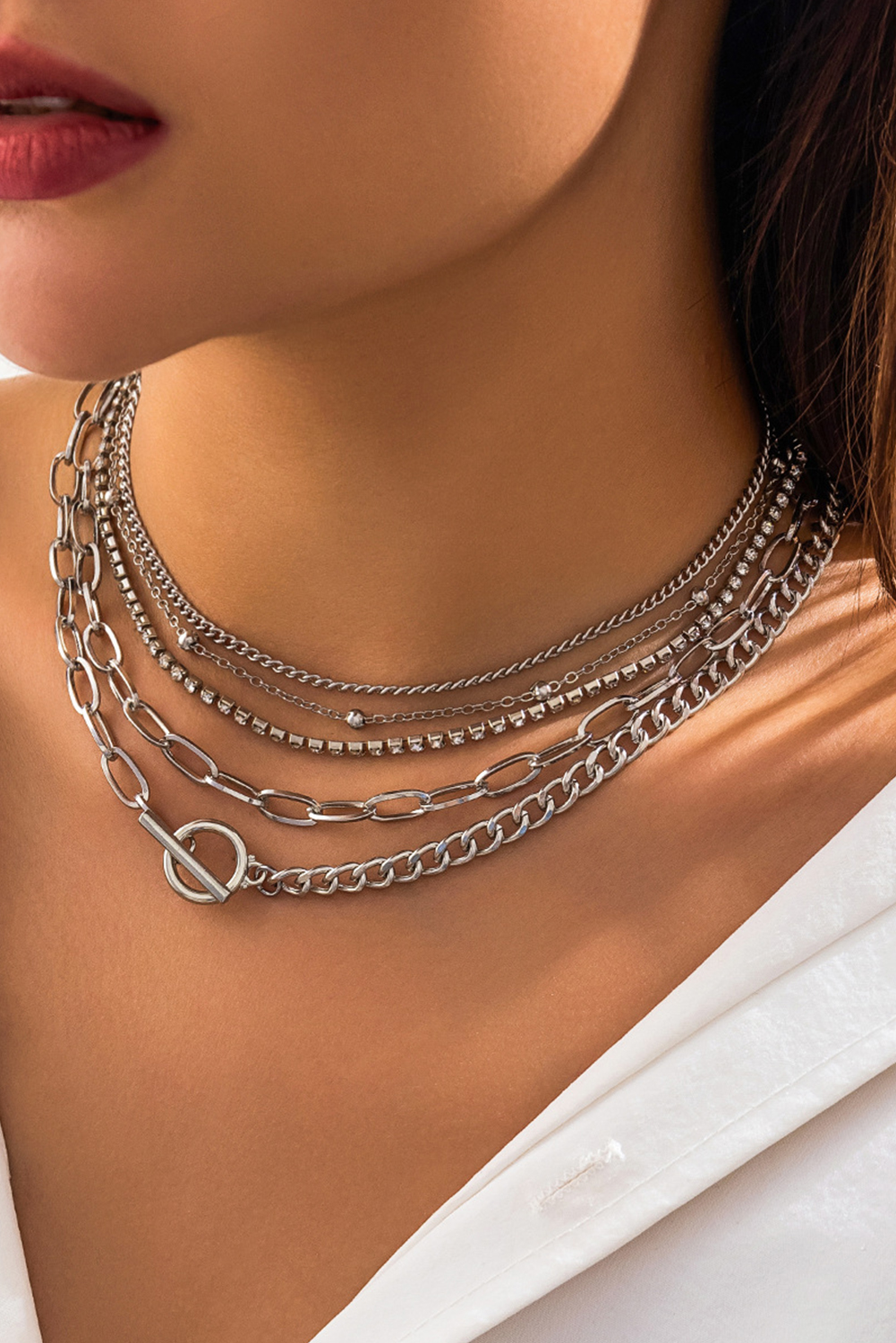 Silvery 5pcs Layered Rhinestone Plated Chain Collarbone Necklaces Set - loveforevers