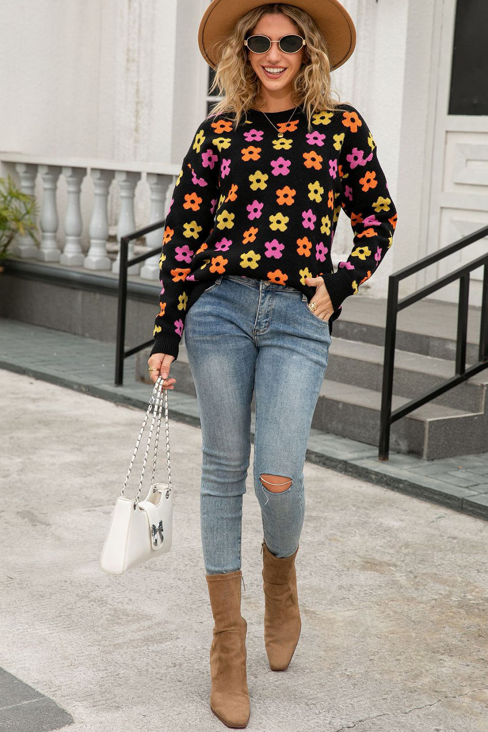 Apricot Cute Flower Allover Ribbed Trimmed Drop Shoulder Pullover Sweater - loveforevers