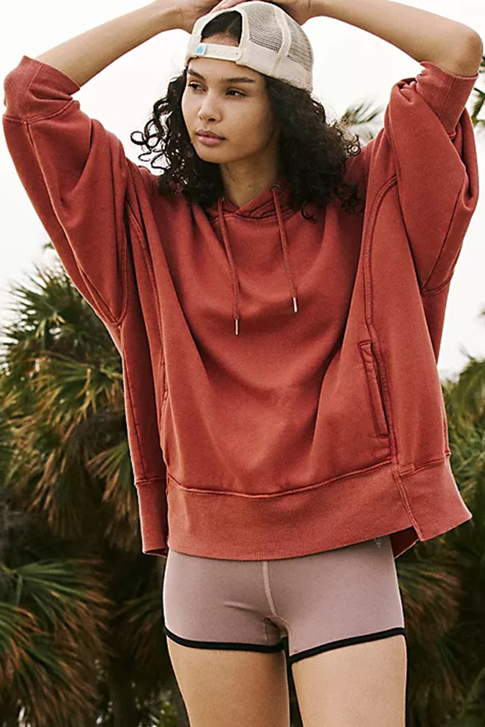 Red Clay Drop Shoulder Pocketed Baggy Drawstring Hoodie - loveforevers