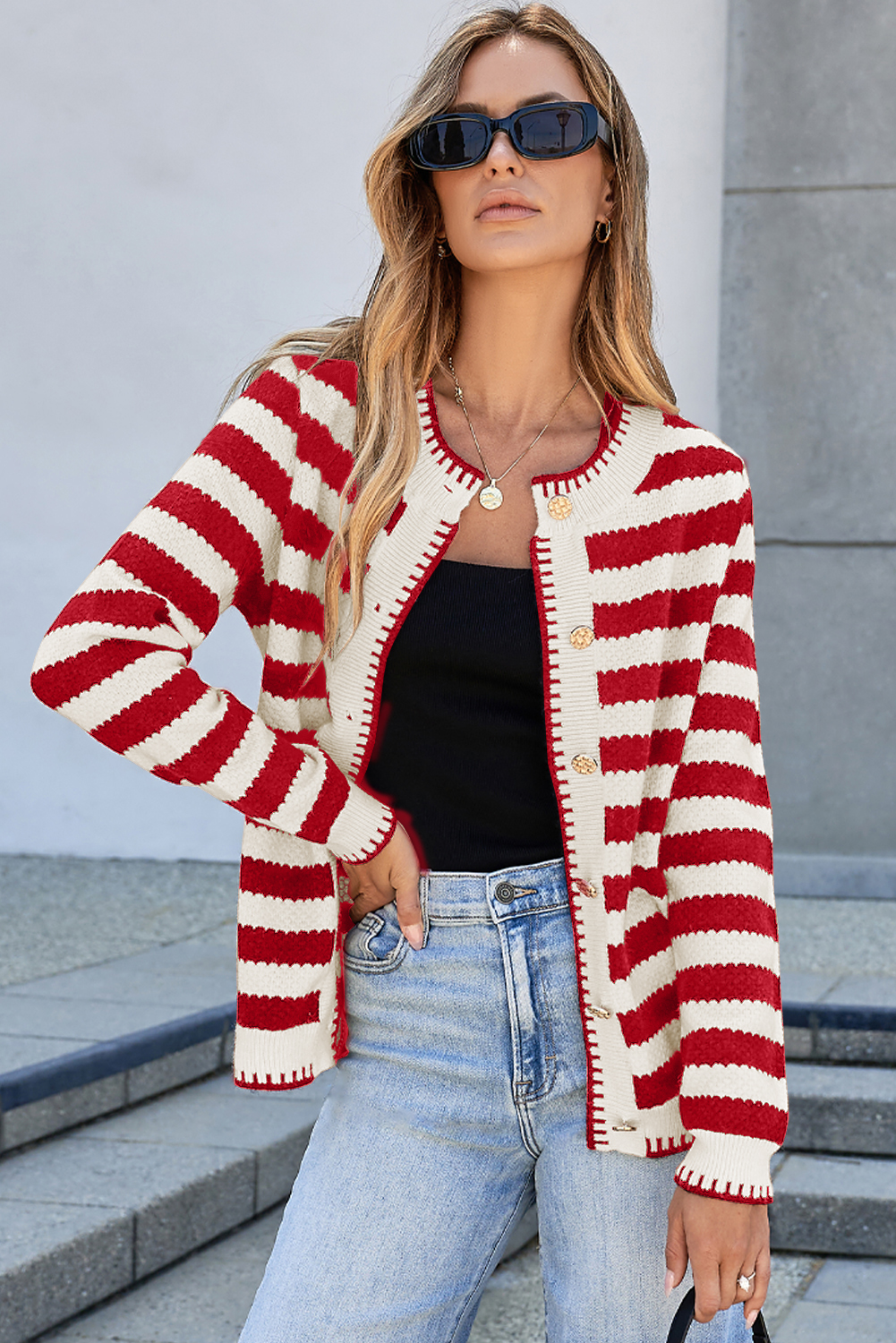 Red Stripe Chic Golden Button Cardigan Sweater - loveforevers