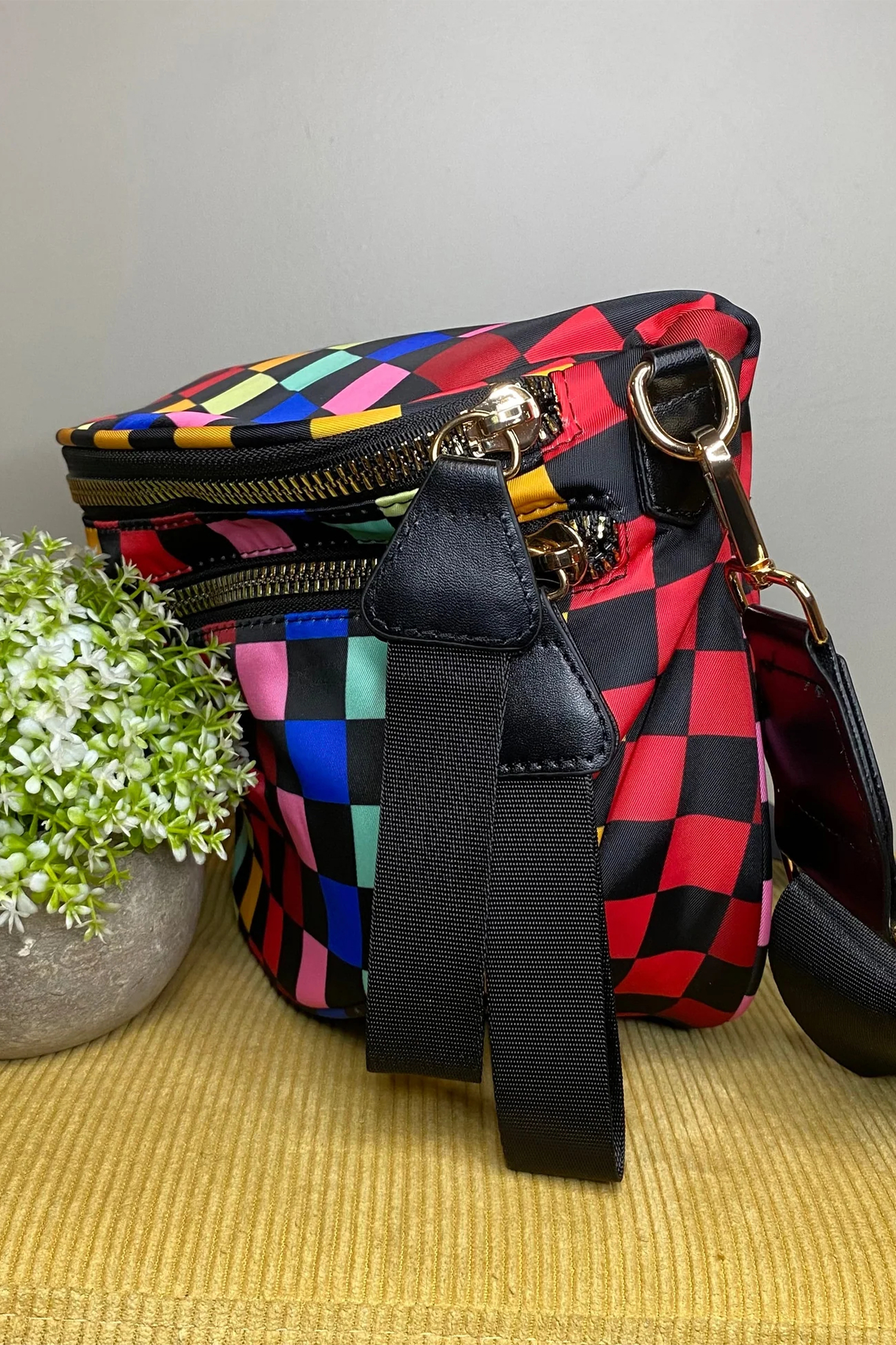 White Pretty Checkerboard Canvas Double Zip Crossbody Bag - loveforevers