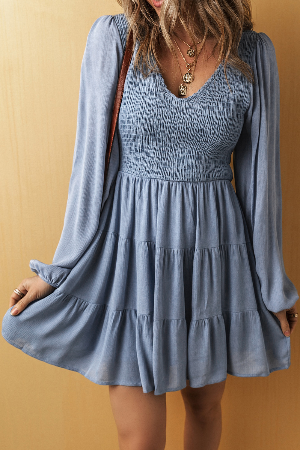 Ashleigh Blue Long Sleeve V Neck Smocked Tiered Mini Dress - loveforevers