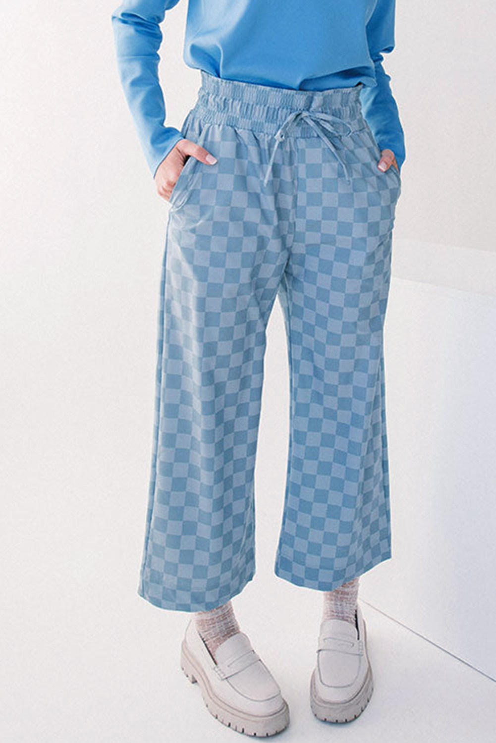 Khaki Checkered Elastic High Waist Loose Casual Pants - loveforevers