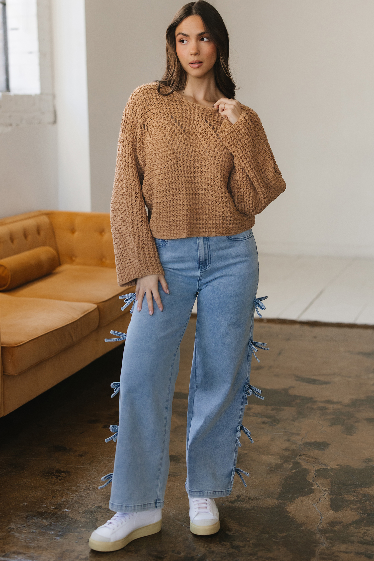 Camel Hollowed Detail Wide Sleeve Loose Pullover Sweater - loveforevers