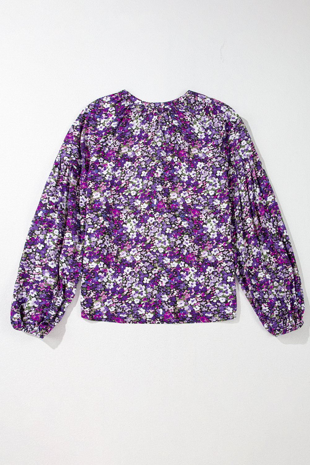 Purple Boho Flower Split V Neck Bubble Sleeve Blouse - loveforevers