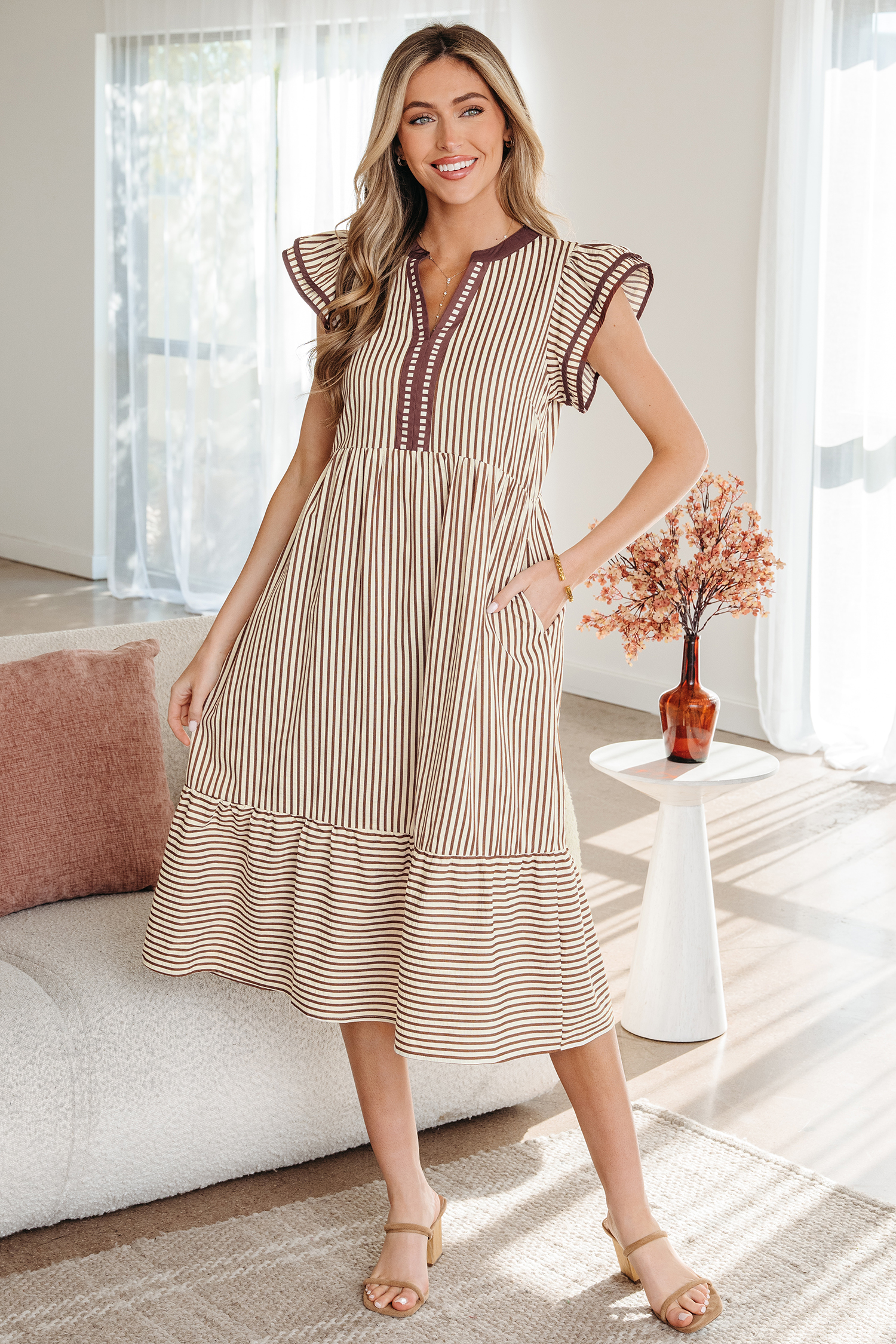 Brown Stripe Double Ruffled Short Sleeve Contrast Trim V Neck Midi Dress - loveforevers