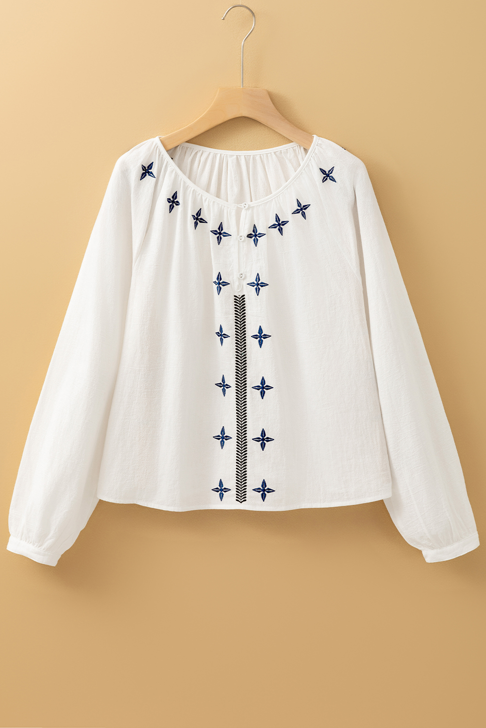 White Geometric Embroidered Long Sleeve Buttoned Blouse - loveforevers