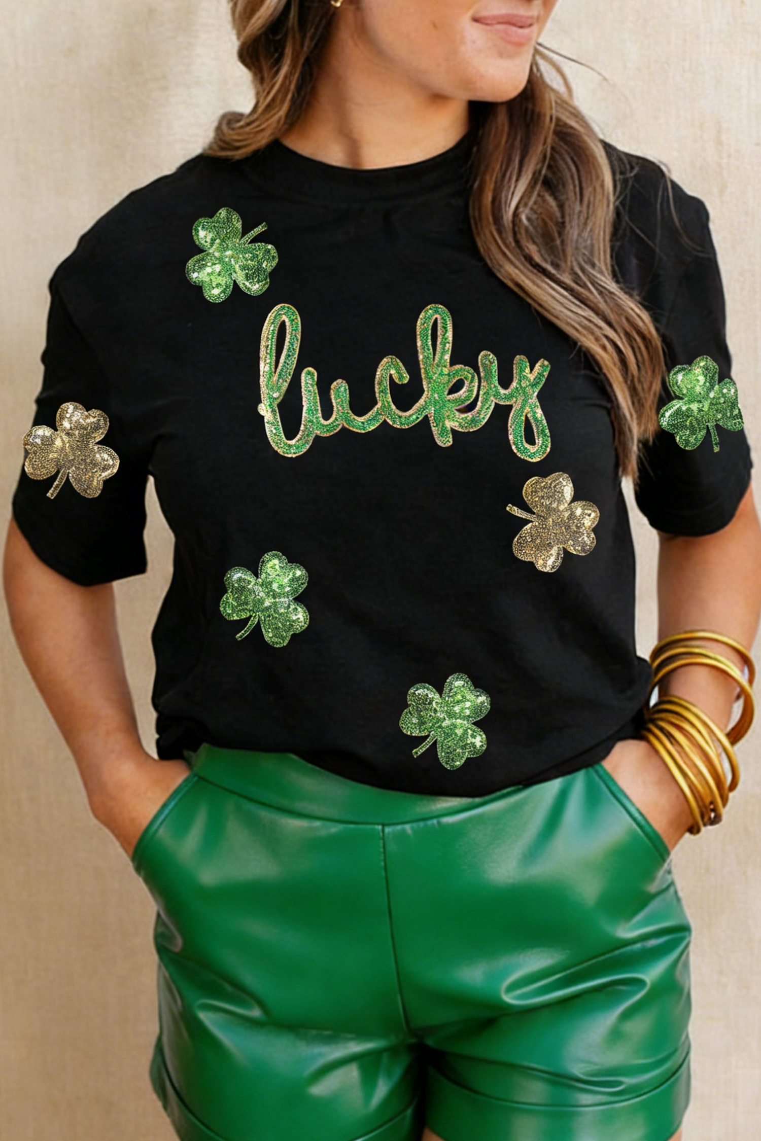 Black Lucky Sequin Shamrock Irish Festive Graphic Tee - loveforevers