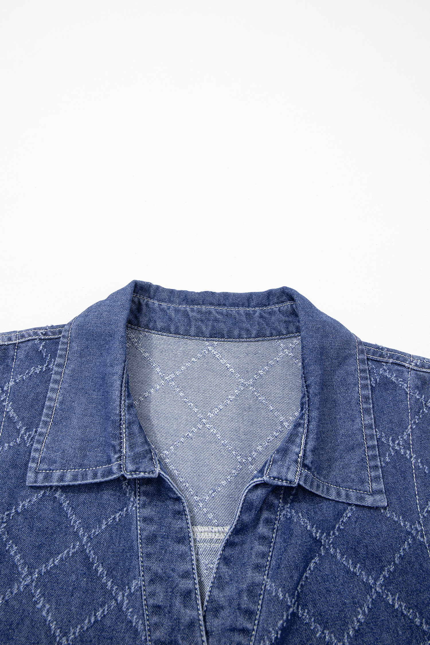 Sail Blue Rhombus Textured Collar Buttoned V Neck Denim Sleeveless Mini Dress - loveforevers