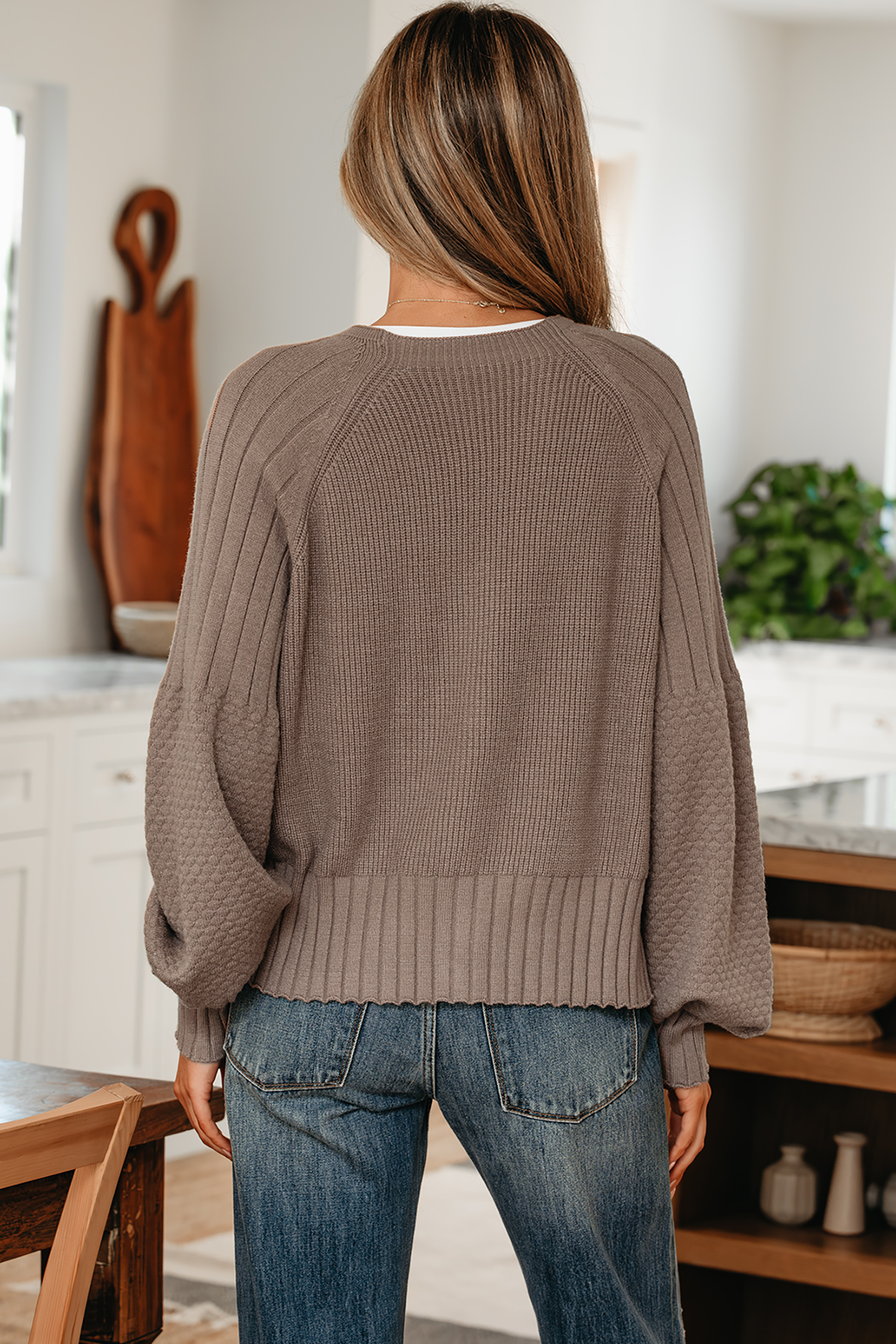 Light Pink Mixed Texture Knit Button V Neck Sweater Cardigan - loveforevers