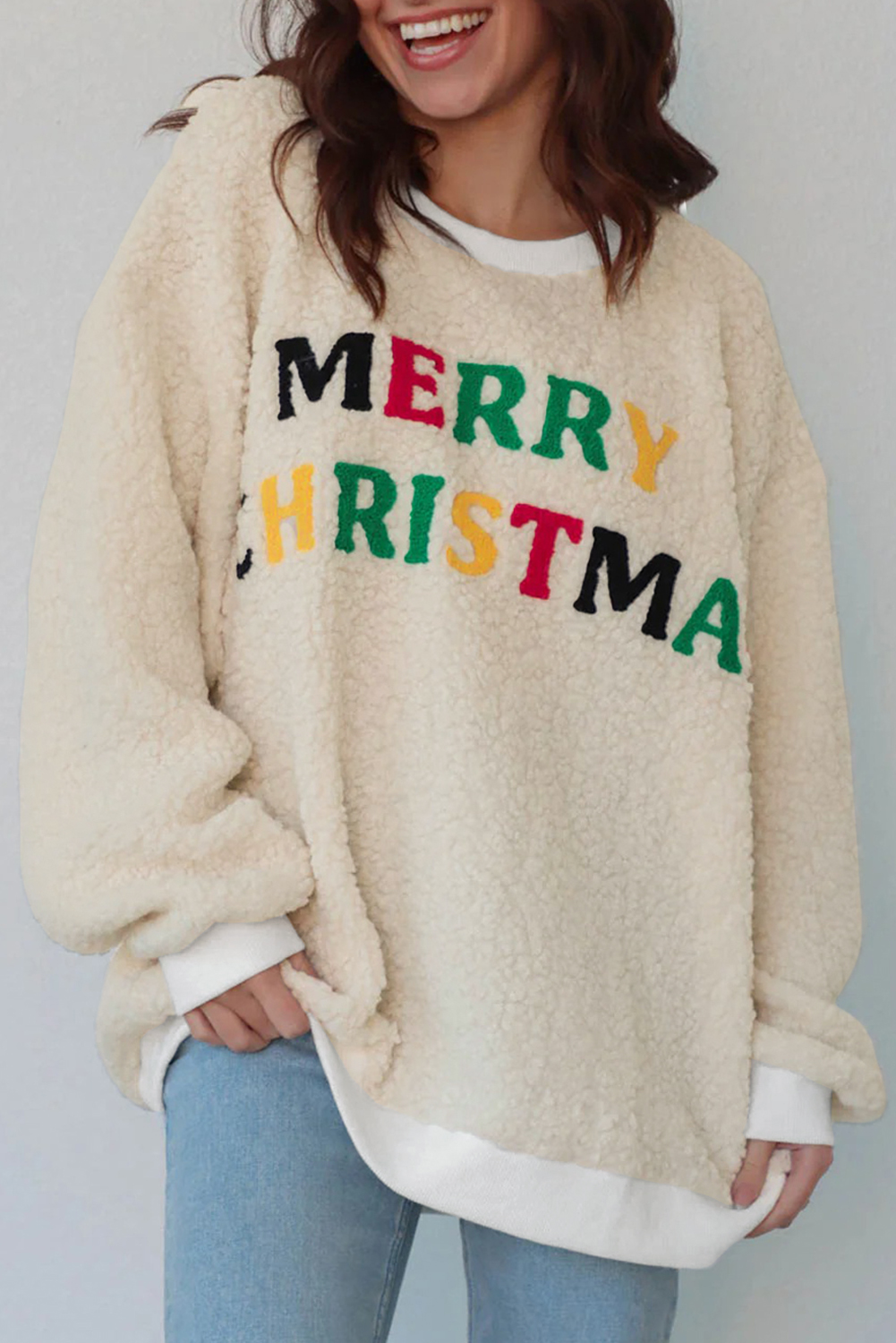White MERRY CHRISTMAS Multicolor Embroidered Sherpa Pullover Sweatshirt - loveforevers