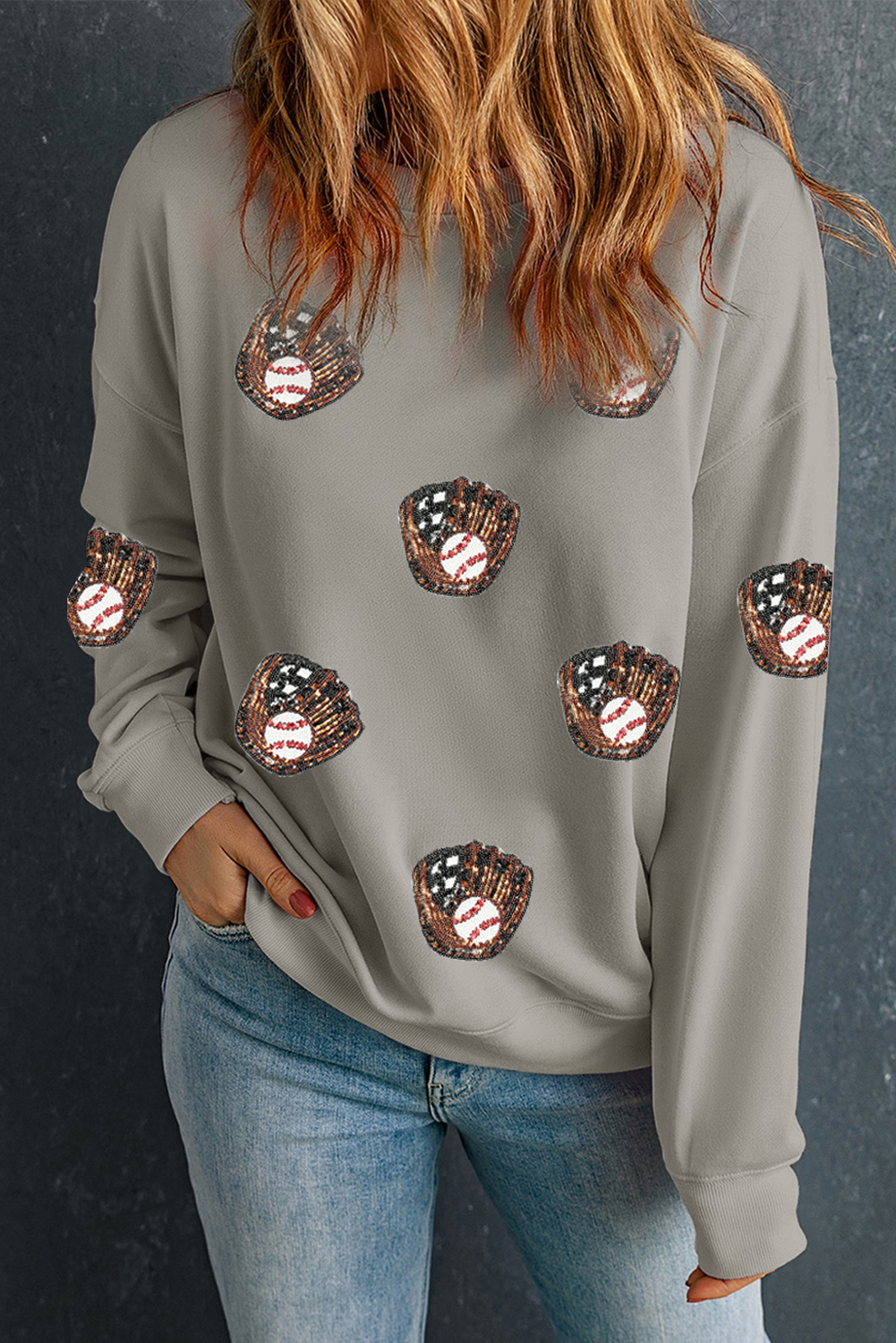 Gray Sequin Baseball Patched Casual Sweatshirt - loveforevers
