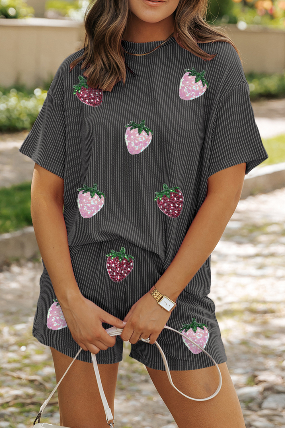 Carbon Grey Sequin Strawberry Patched Twist Ribbed Short 2pcs Outfit - loveforevers