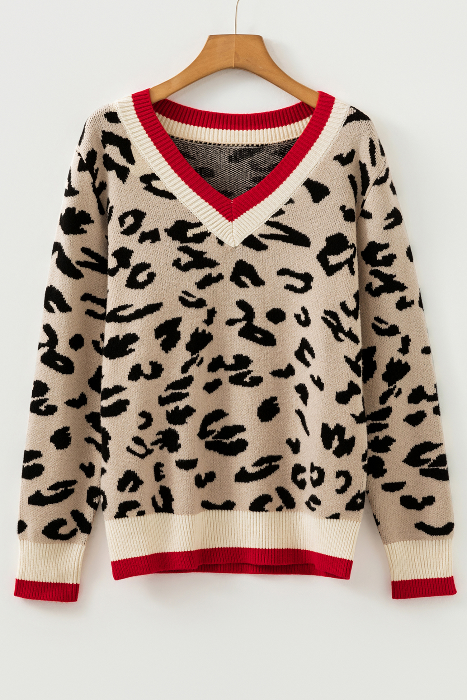 Khaki Leopard Pattern V-Neck Contrast Rib Knitted Sweater - loveforevers