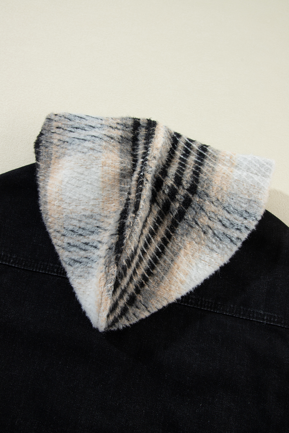Black Plaid Sleeve Frayed Hem Hooded Denim Jacket - loveforevers