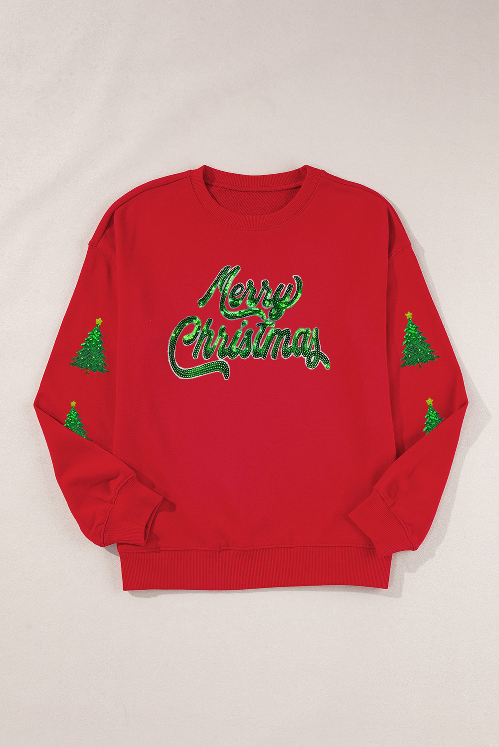 Red Shimmering Merry Christmas Tree Patched Pattern Festive Sweatshirt - loveforevers