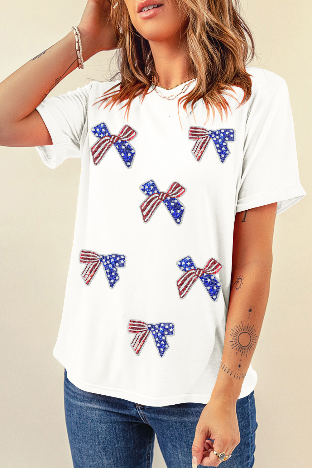 White Sequin Flag Bow Pattern Crew Neck Patriotic Tee - loveforevers