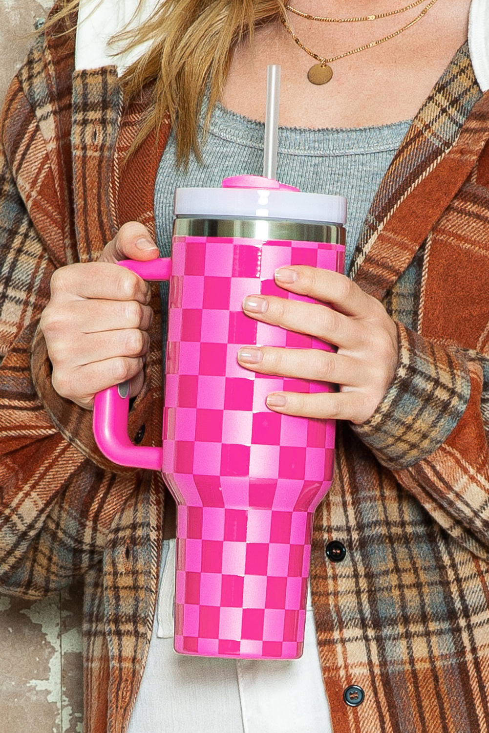 Bright Pink Checkered Print Handled Stainless Steel Tumbler Cup 40oz - loveforevers