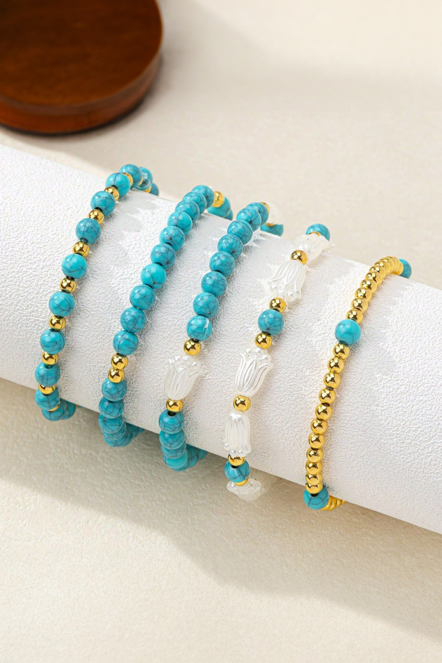 Turquoise Mixed Golden Beads Pearlish Detail 5pcs Bracelet Set - loveforevers