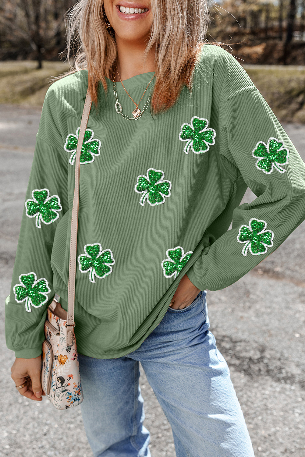 Grass Green Ribbed Four Leaf Clover Graphic St. Patricks Pullover Sweatshirt - loveforevers