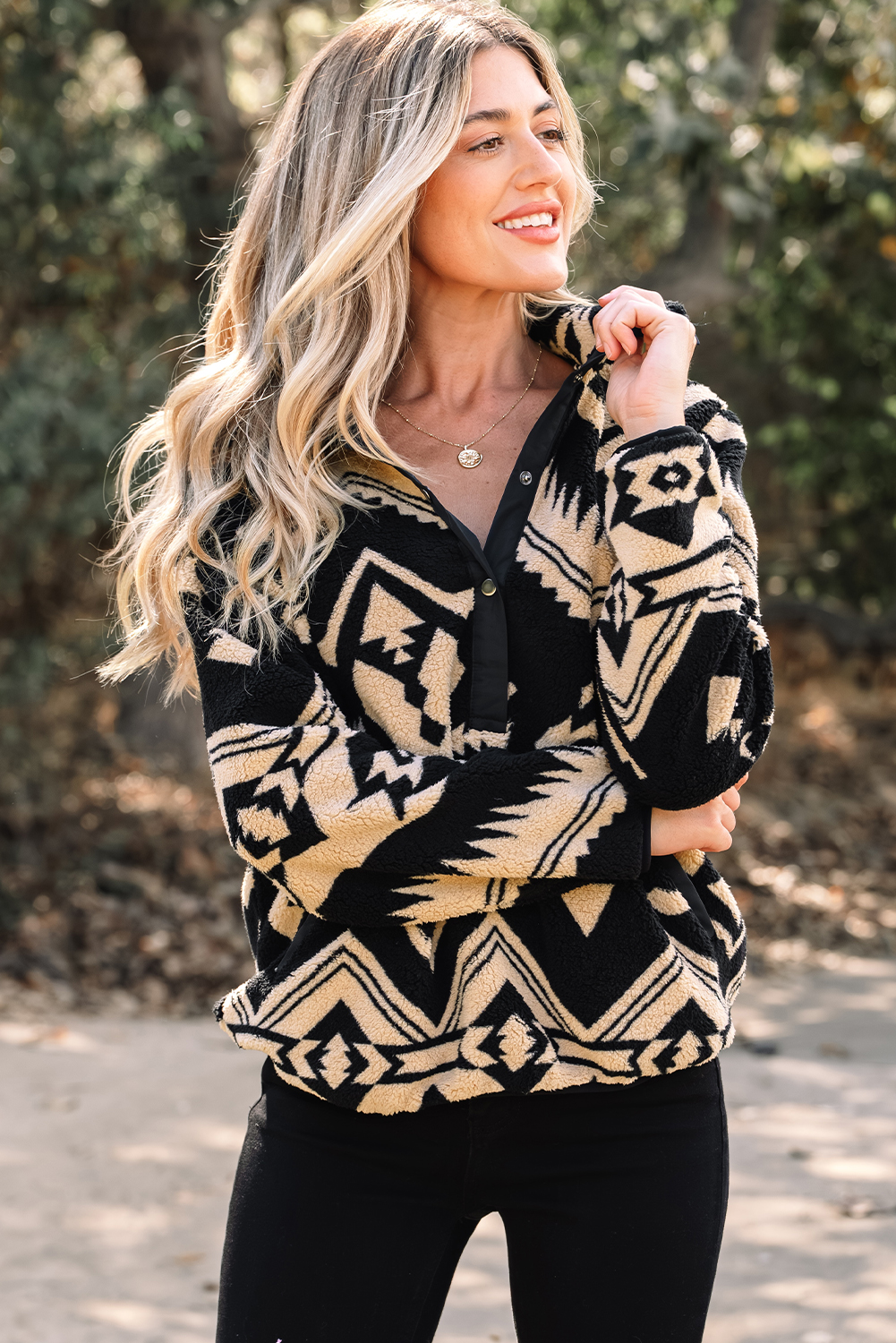 Black Western Aztec Half Placket Plush Sweatshirt - loveforevers