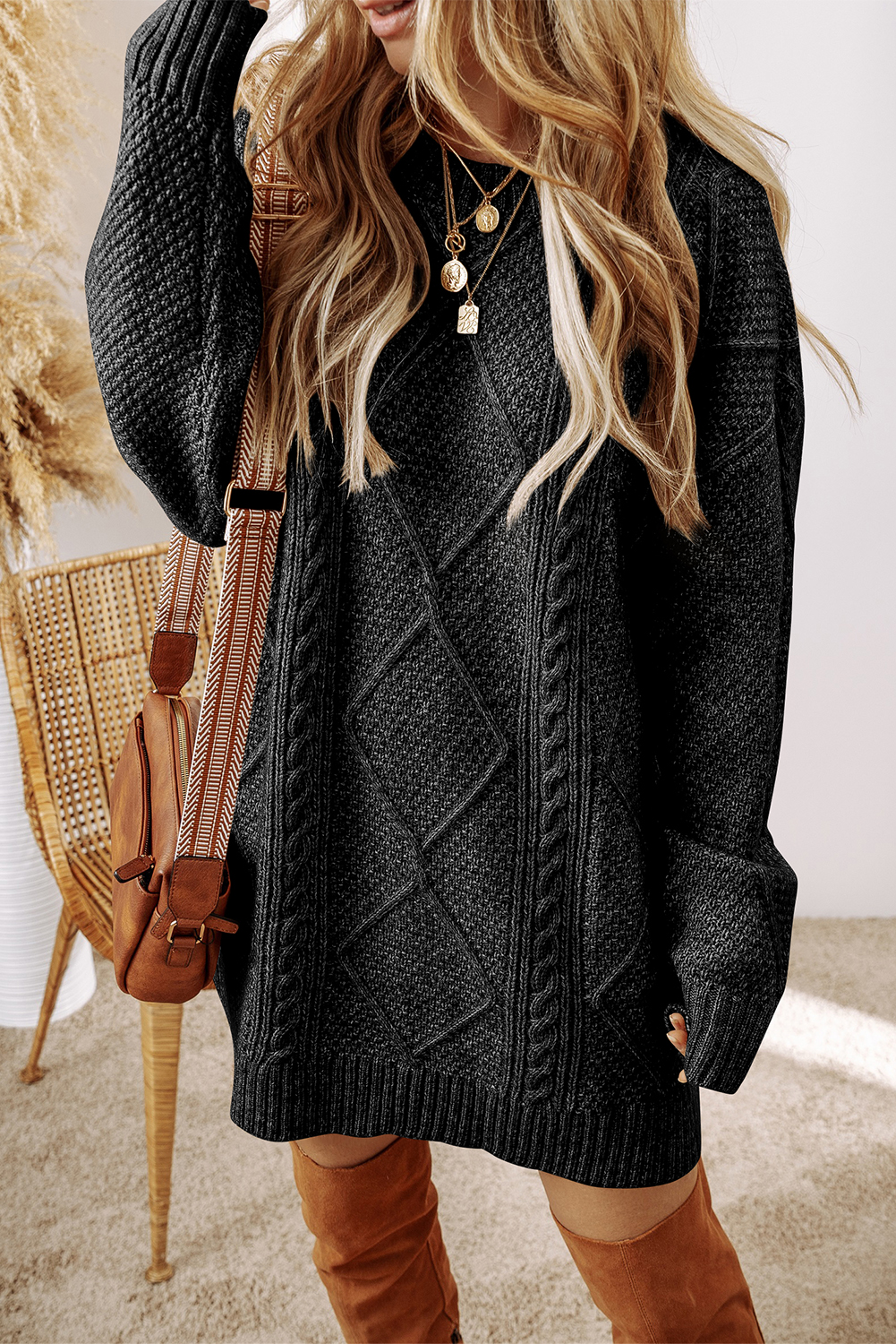 Parchment Cable Knit Drop Shoulder Loose Fit Sweater Dress - loveforevers