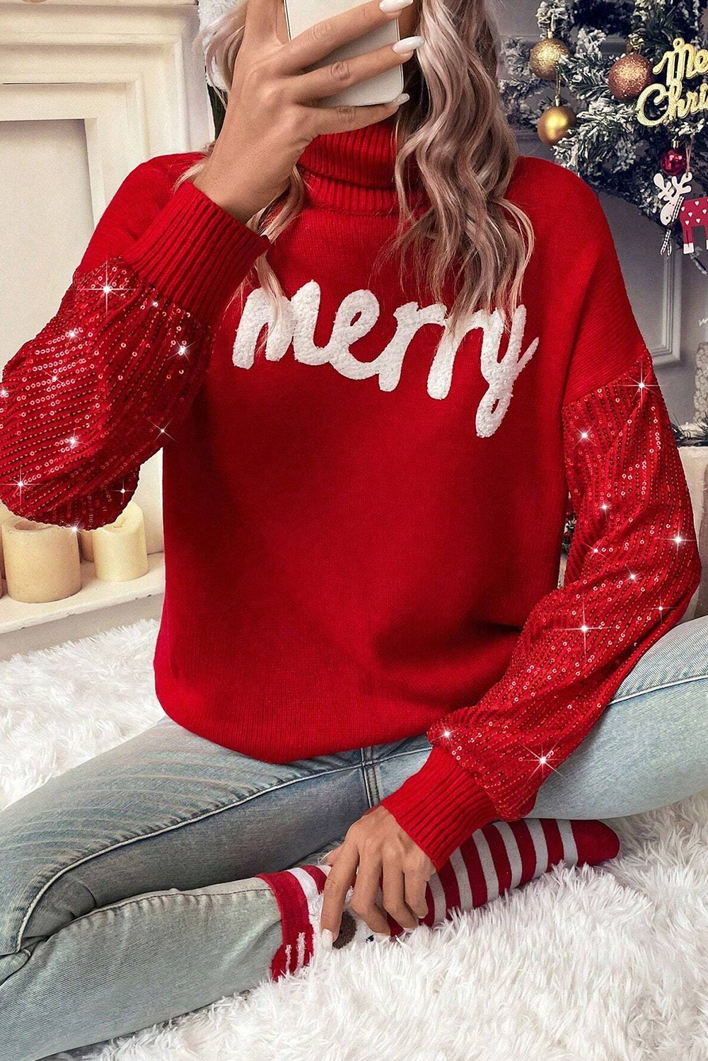 Racing Red Merry Graphic Sequin Sleeves Christmas Turtleneck Sweater - loveforevers