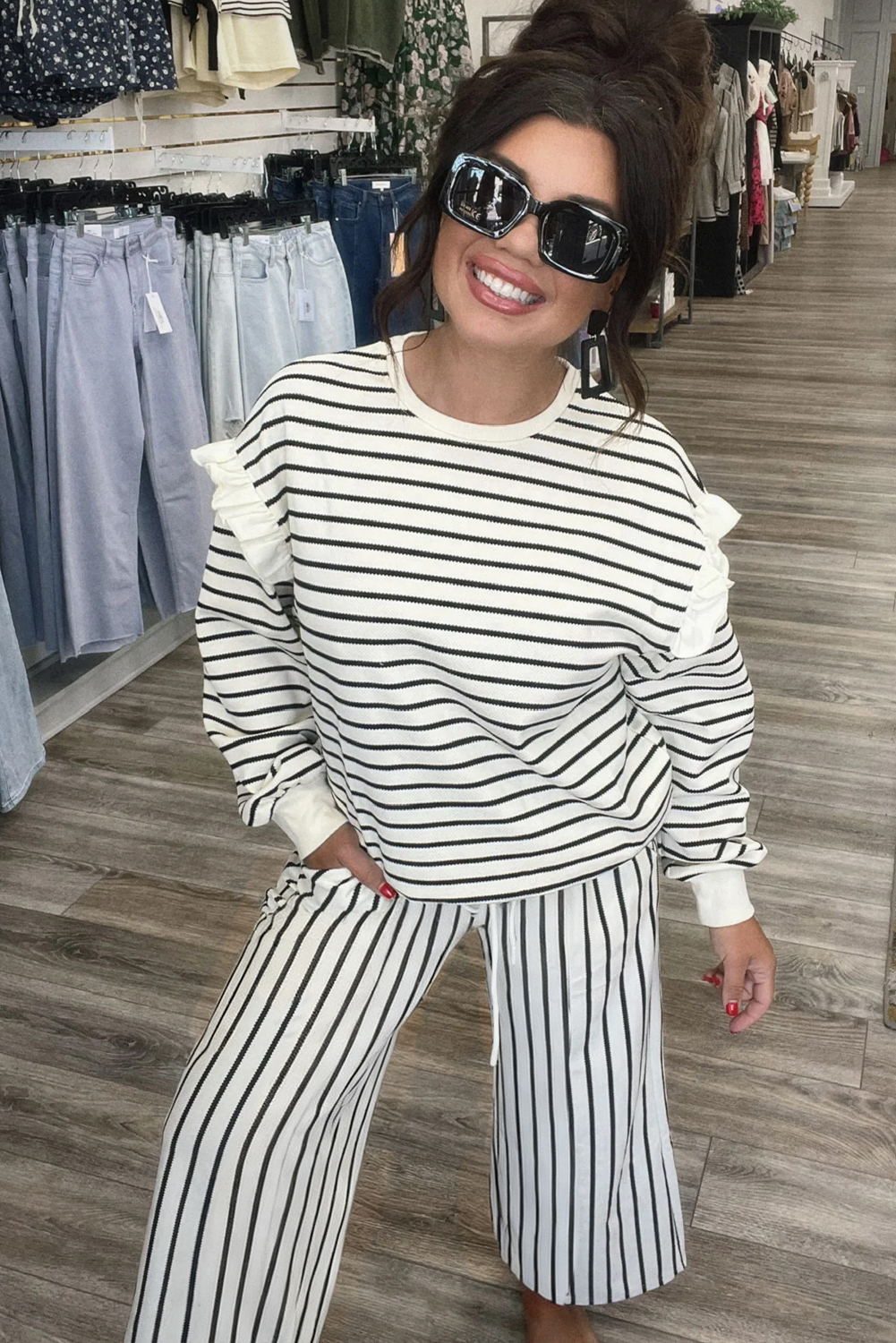 White Stripe Ruffle Trim Drop Shoulder Top Drawstring Loose Pant Set - loveforevers