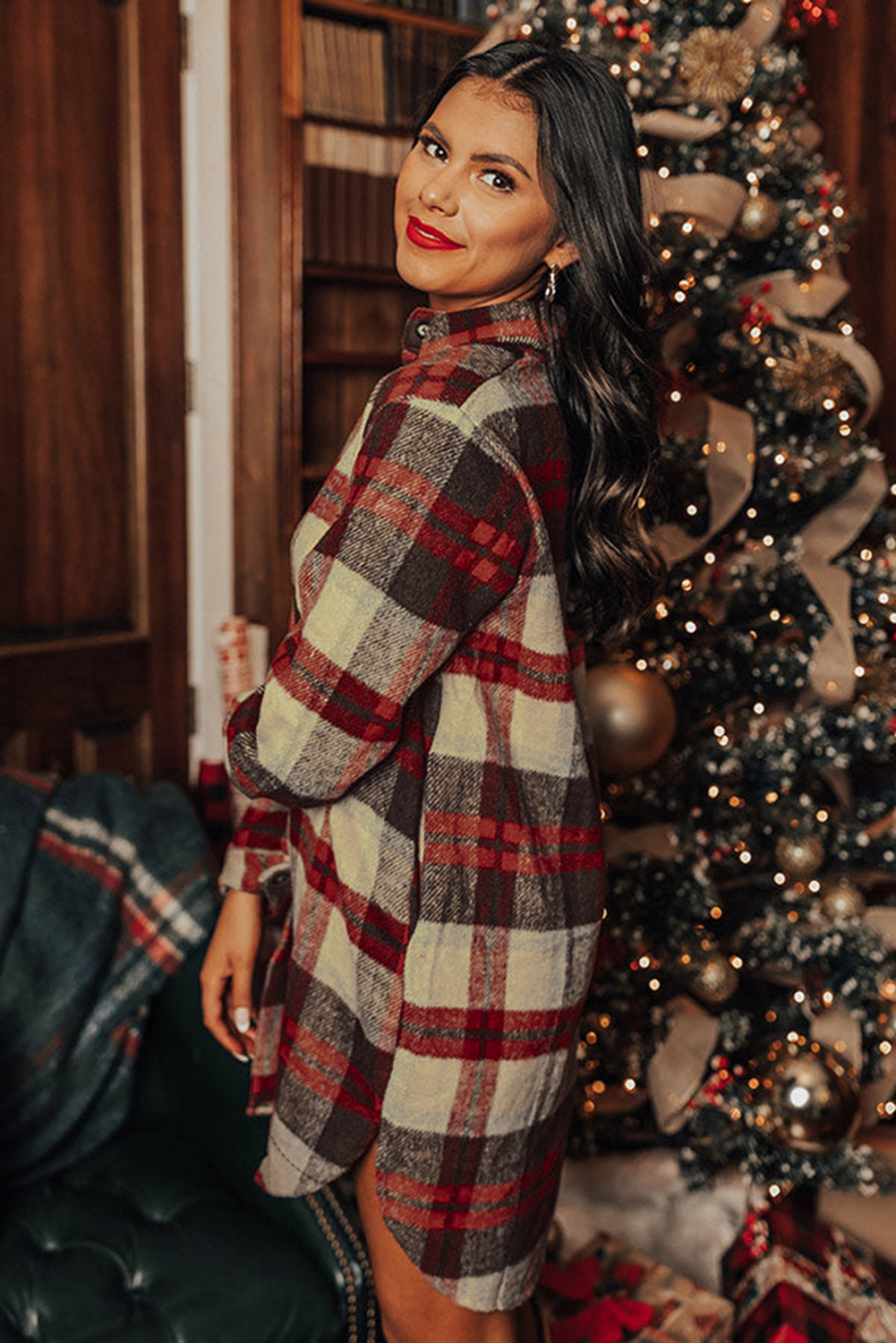 Red Brushed Plaid Buttoned Front Side Slit Tunic Shacket - loveforevers