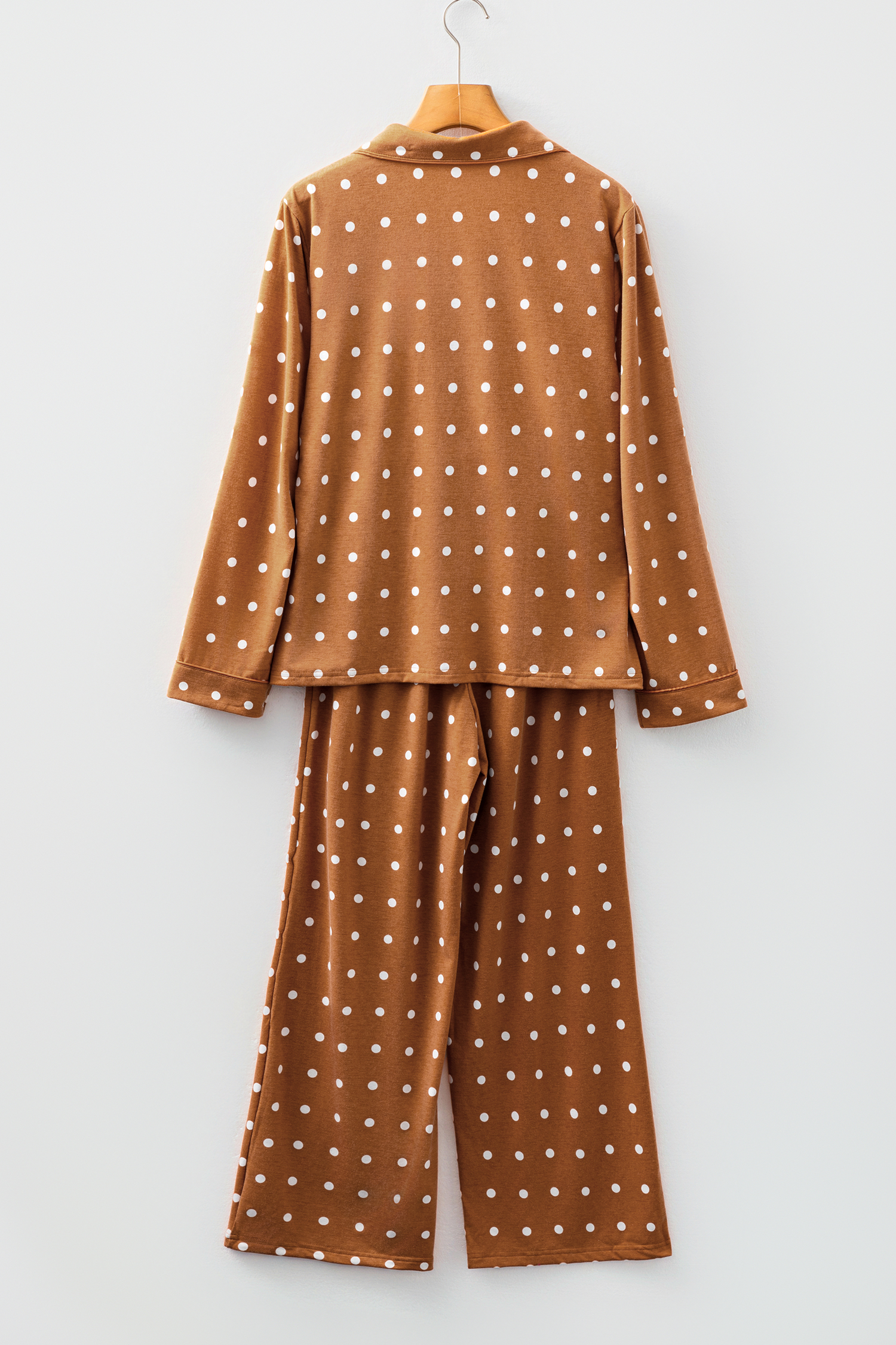 Brown Polka Dot Print Long Sleeve Shirt Pant 2pcs Pajama Set - loveforevers