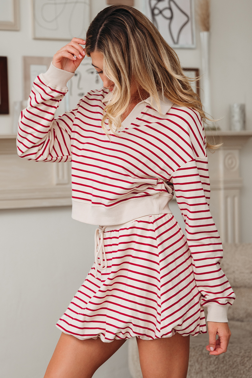 Red Stripe Cropped Collared Drop Shoulder Pullover and Bubble Mini Skirt Set - loveforevers