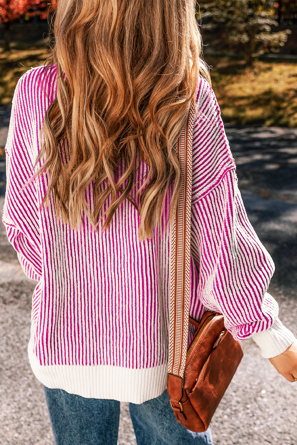 Bright Pink Striped Textured Knit Contrast Edge Loose Sweater - loveforevers