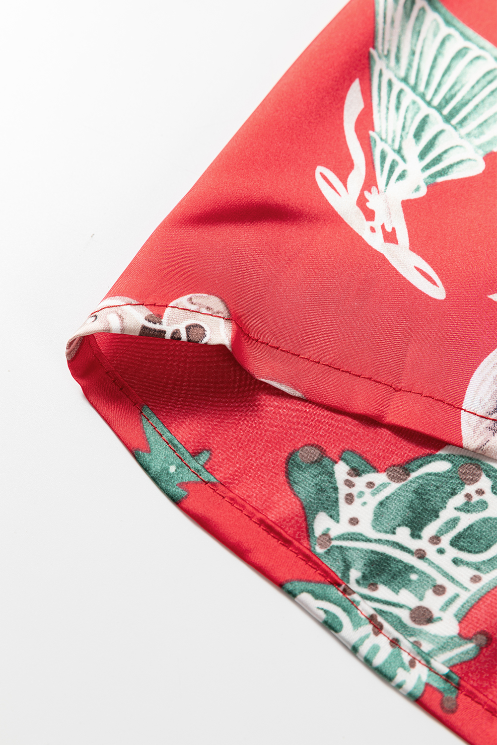 Red Christmas Fashion Print Contrast Ruffle Trim Ribbon Bow Knot 2pcs Pajama Set - loveforevers