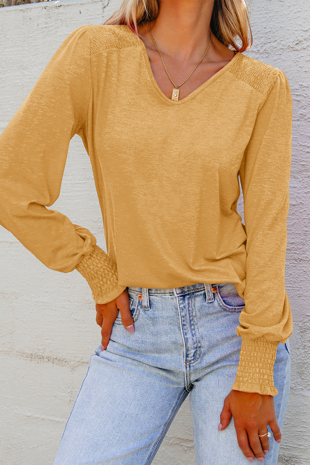 Beige Shirred Shoulder Frilled Cuffs Long Sleeve Top - loveforevers
