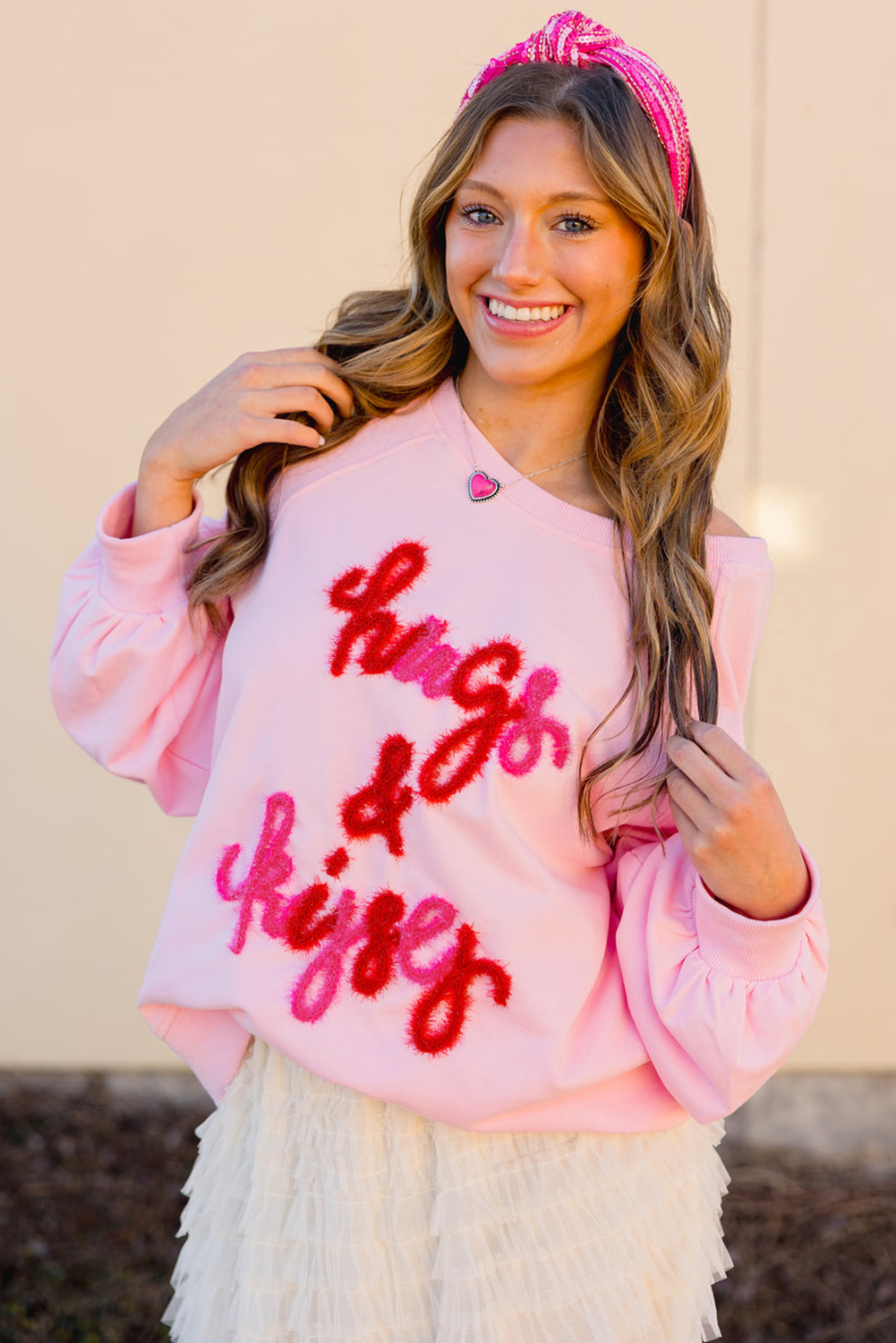 Pink Hugs and Kisses Pop Up Embroidered Raglan Sleeve Sweatshirt - loveforevers