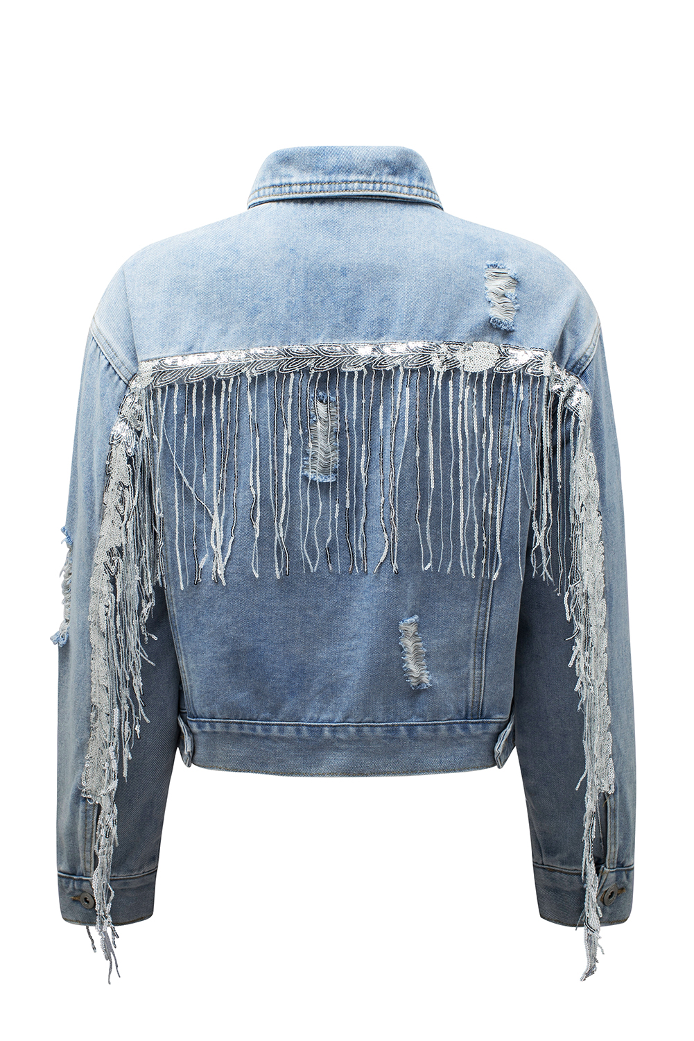 Sky Blue Sequin Embellished Fringe Distressed Denim Jacket - loveforevers