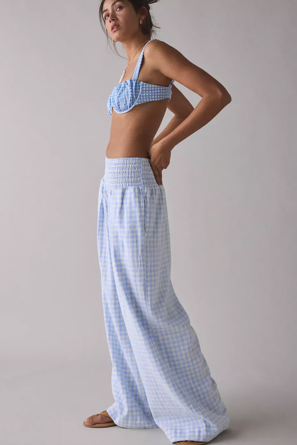 Myosotis Plaid Print Smocked High Waist Womens Loose Pants - loveforevers