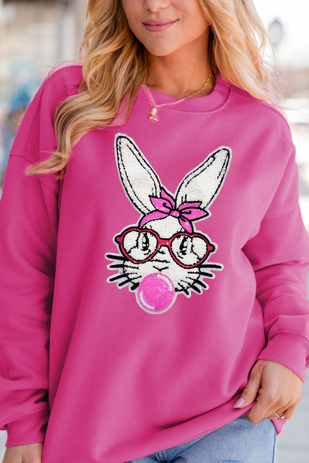 Bonbon Bubble Gum Rabbit Sequin Graphic Drop Shoulder Sweatshirt - loveforevers