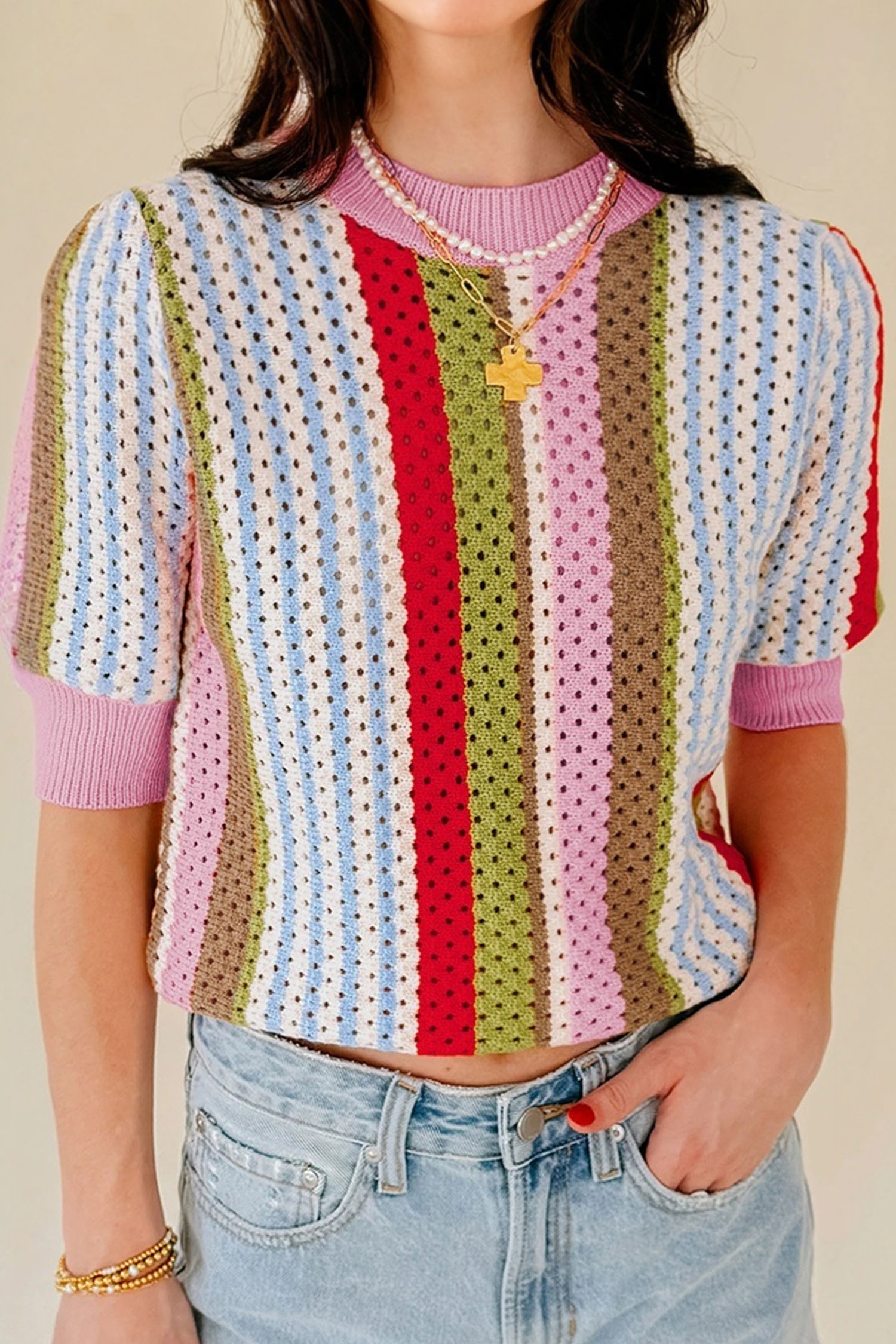 Multicolour Striped Pointelle Knit Short Sleeve Sweater - loveforevers