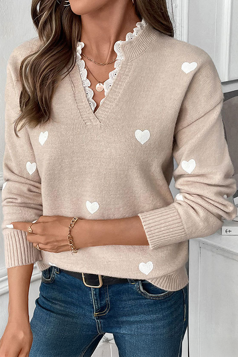 Smoke Gray Heart Print Lace Splicing V Neck Valentines Sweater - loveforevers