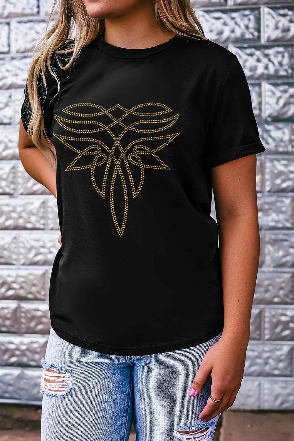 Black Rhinestone Western Pattern Cotton Blend Graphic T Shirt - loveforevers